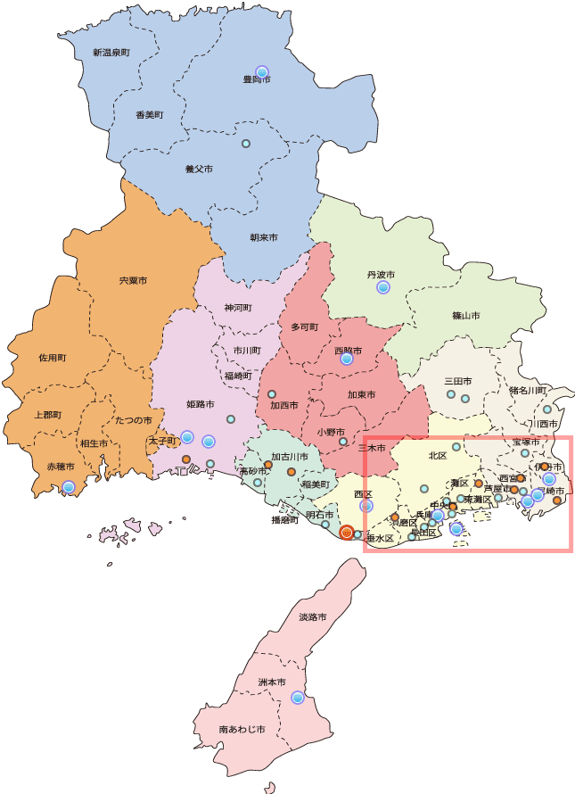 兵庫県のがん診療連携拠点病院マップ